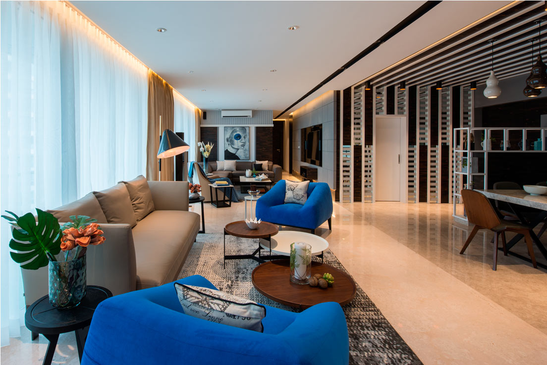 Sophisticated contemporary living room with layered lighting